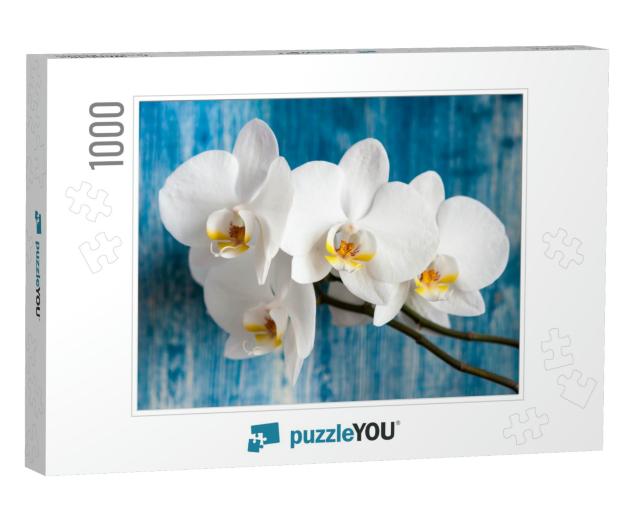 White Orchid Flower on Blue Wooden Background... Jigsaw Puzzle with 1000 pieces