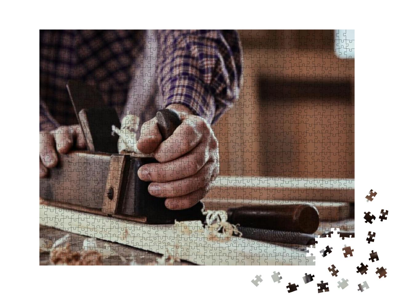 Carpenter or Joiner Planing a Plank of Wood Smoothing the... Jigsaw Puzzle with 1000 pieces