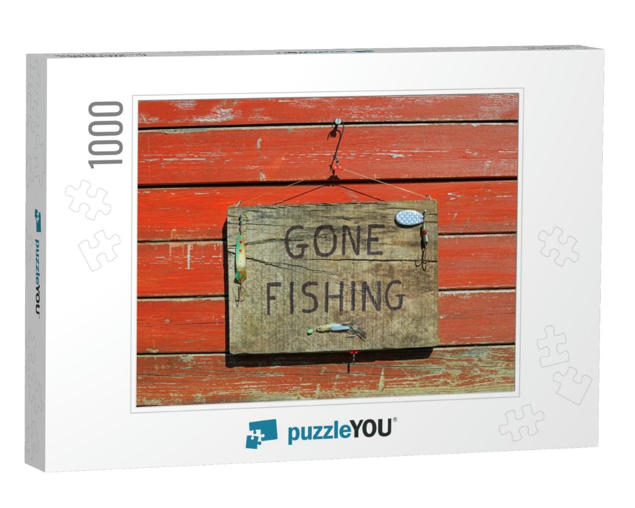 Gone Fishing Sign Written on a Wooden Plaque Hanging on a... Jigsaw Puzzle with 1000 pieces