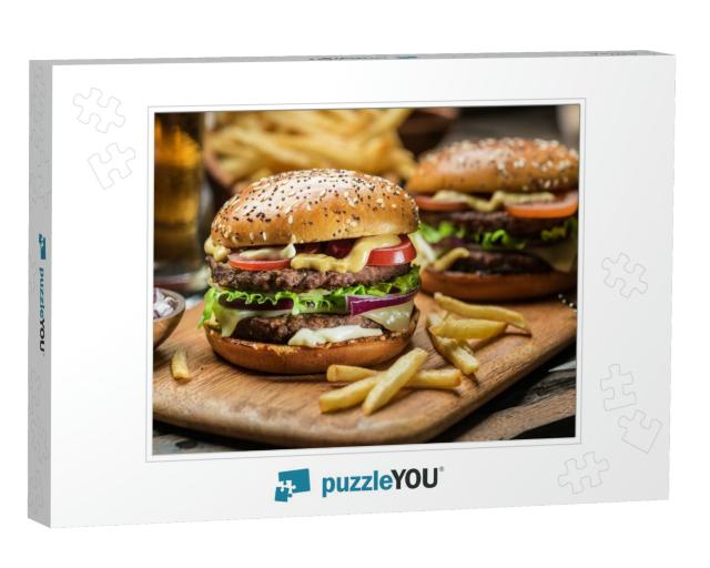 Hamburgers & French Fries on the Wooden Tray... Jigsaw Puzzle