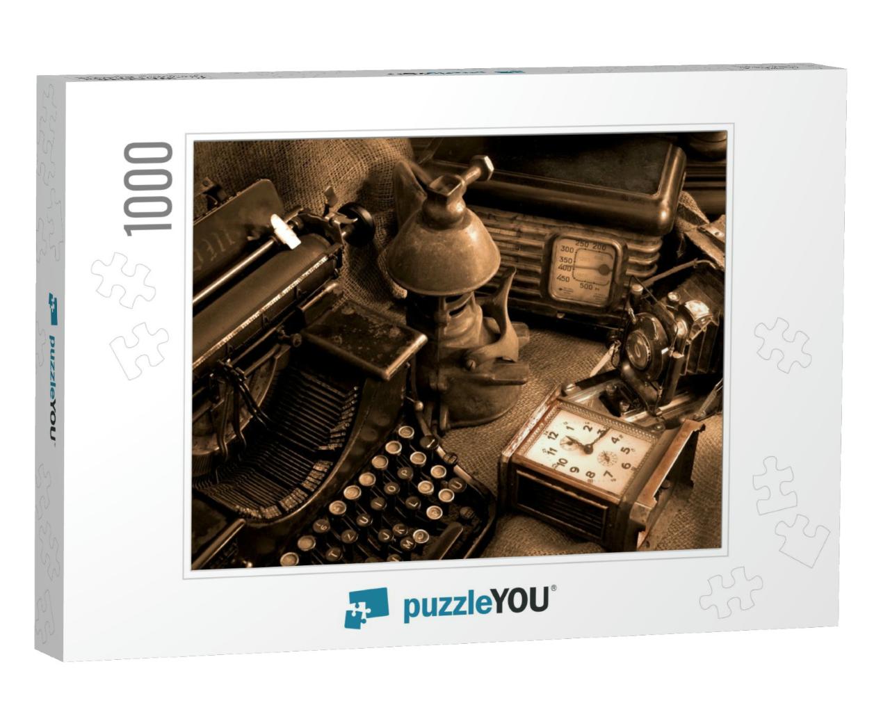 Vintage Still Life with Old Typewriter, Retro Camera & Ra... Jigsaw Puzzle with 1000 pieces