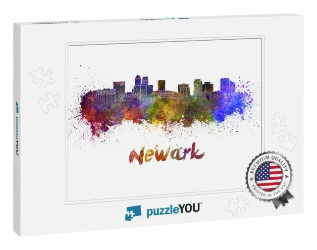 Newark Skyline in Watercolor Splatters with Clipping Path... Jigsaw Puzzle