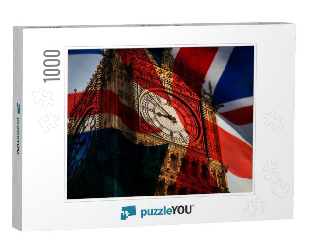 Union Jack Flag & Iconic Big Ben At the Palace of Westmin... Jigsaw Puzzle with 1000 pieces