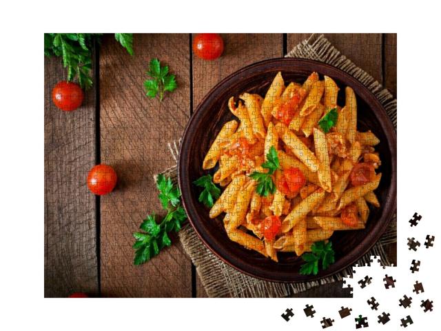 Penne Pasta in Tomato Sauce with Chicken, Tomatoes Decora... Jigsaw Puzzle with 1000 pieces