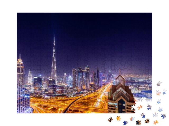 Amazing Skyline Cityscape with Illuminated Skyscrapers. D... Jigsaw Puzzle with 1000 pieces