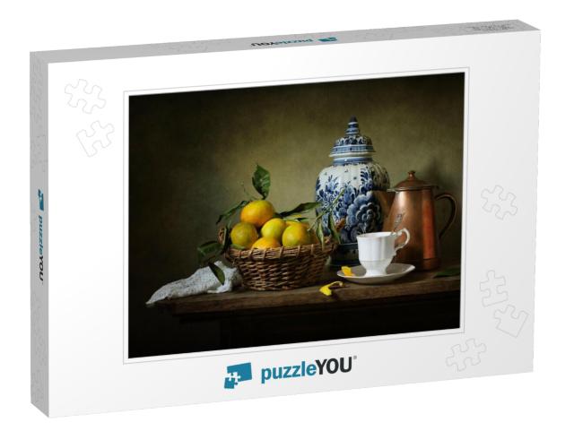 Still Life with Mandarins & a Delft Vase Textured for Art... Jigsaw Puzzle