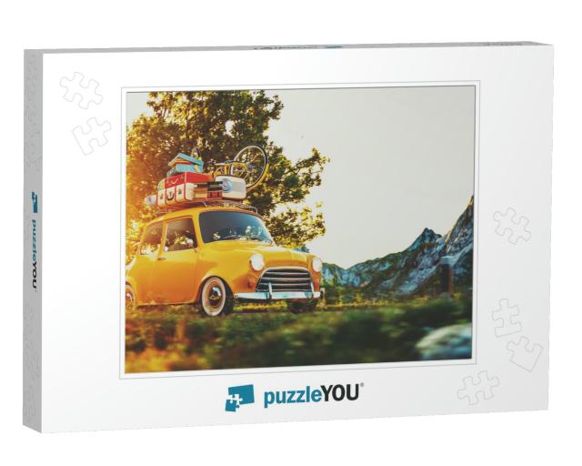 Cute Little Retro Car with Suitcases & Bicycle on Top Goe... Jigsaw Puzzle