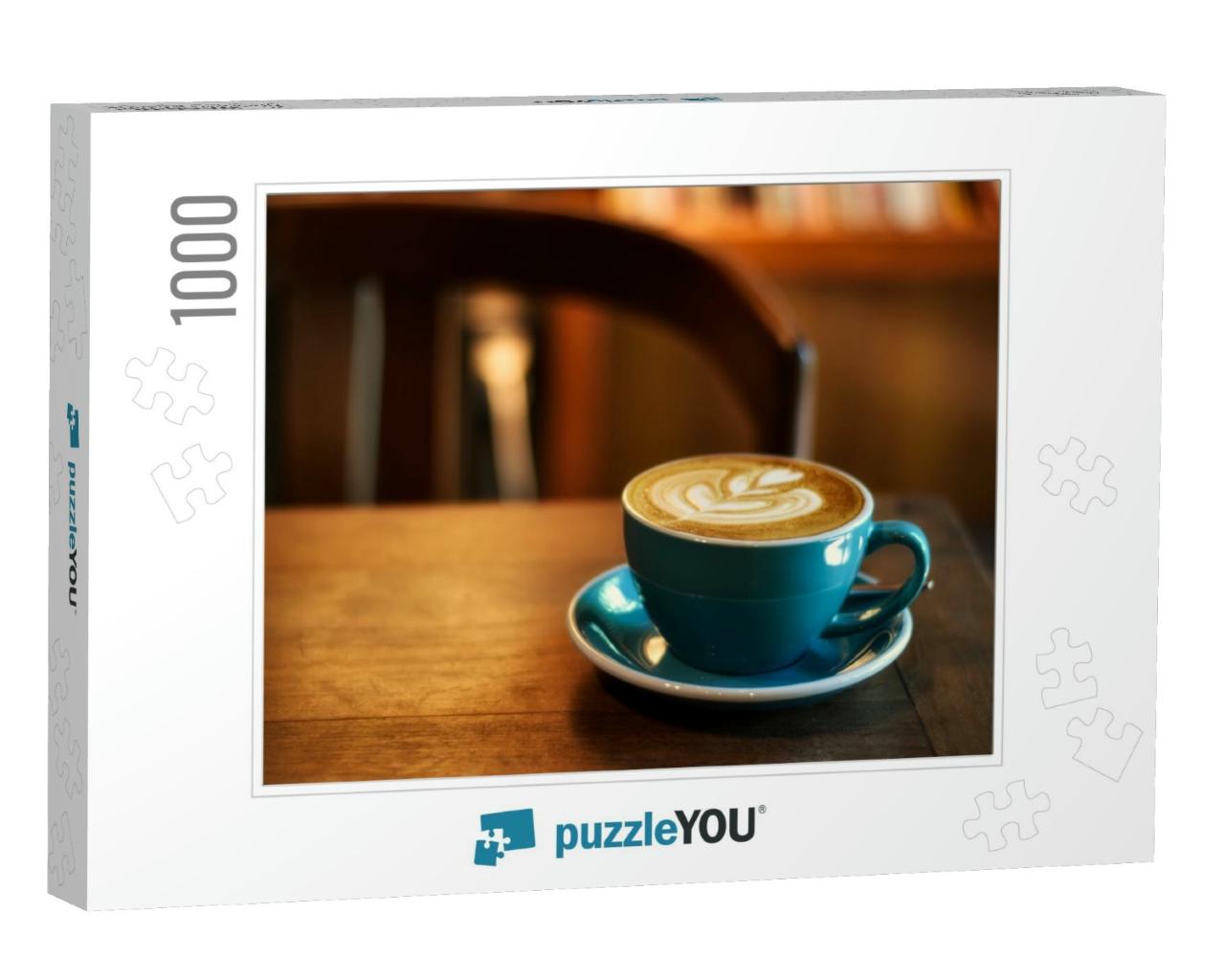 Coffee in Blue Cup on Wooden Table in Cafe with Lighting... Jigsaw Puzzle with 1000 pieces