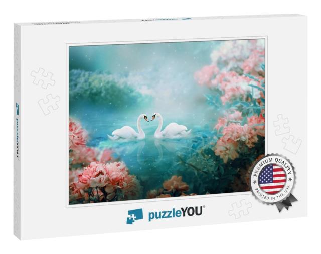 Two White Swans Couple Swimming in Lake, Fantasy Magical... Jigsaw Puzzle