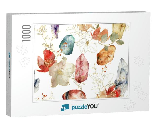 Watercolor Linear Seamless Pattern of Gemstones & Flowers... Jigsaw Puzzle with 1000 pieces
