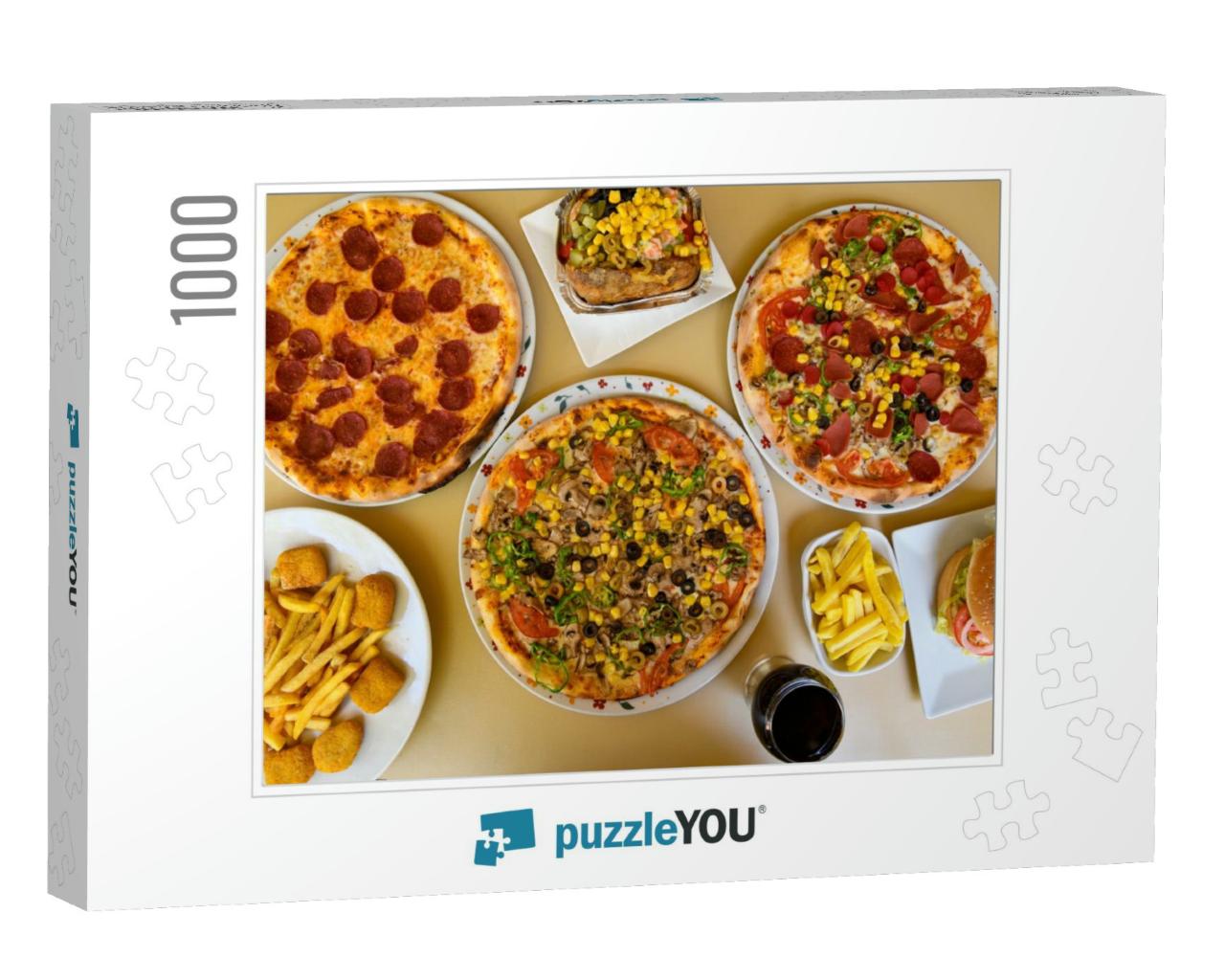 Pizza Party Dinner. Flat-Lay of Various Kinds of Pizza Ov... Jigsaw Puzzle with 1000 pieces