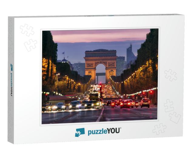 Paris, Champs-Elysees At Night. Car Traffic Jam on Street... Jigsaw Puzzle