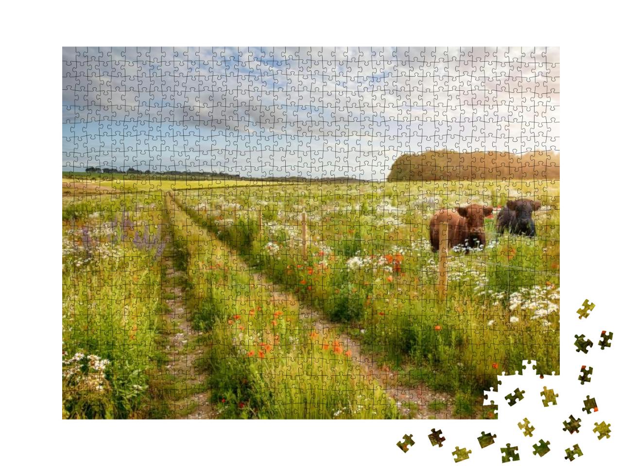 Wild Flower Meadow with Two Beautiful Cows & a Track & Ba... Jigsaw Puzzle with 1000 pieces
