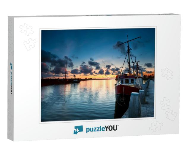 Fishing Ships At Sunset in Zoutkamp, Netherlands... Jigsaw Puzzle