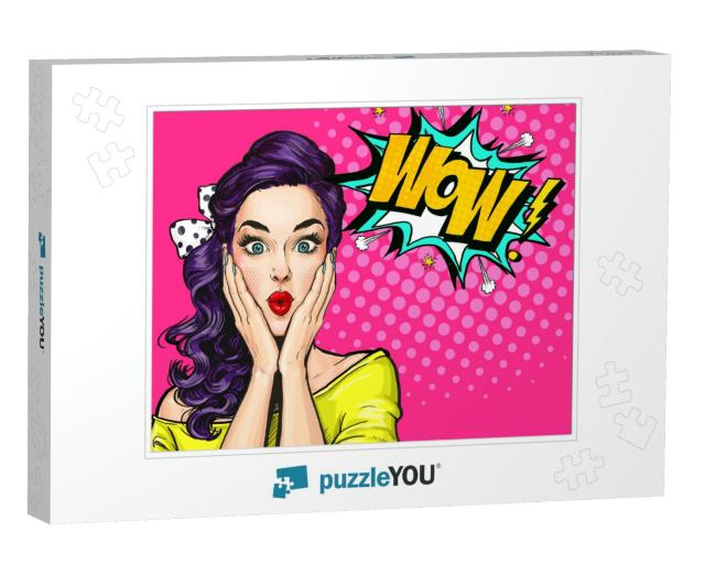 Pop Art Woman with Wow Face Holding Hands Near Her Cheeks... Jigsaw Puzzle