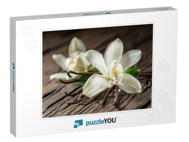 Dried Vanilla Sticks & Vanilla Orchid on Wooden Table. Cl... Jigsaw Puzzle