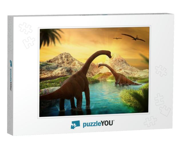 3D Fantasy Landscape with Dinosaur, 3D Rendered Landscape... Jigsaw Puzzle
