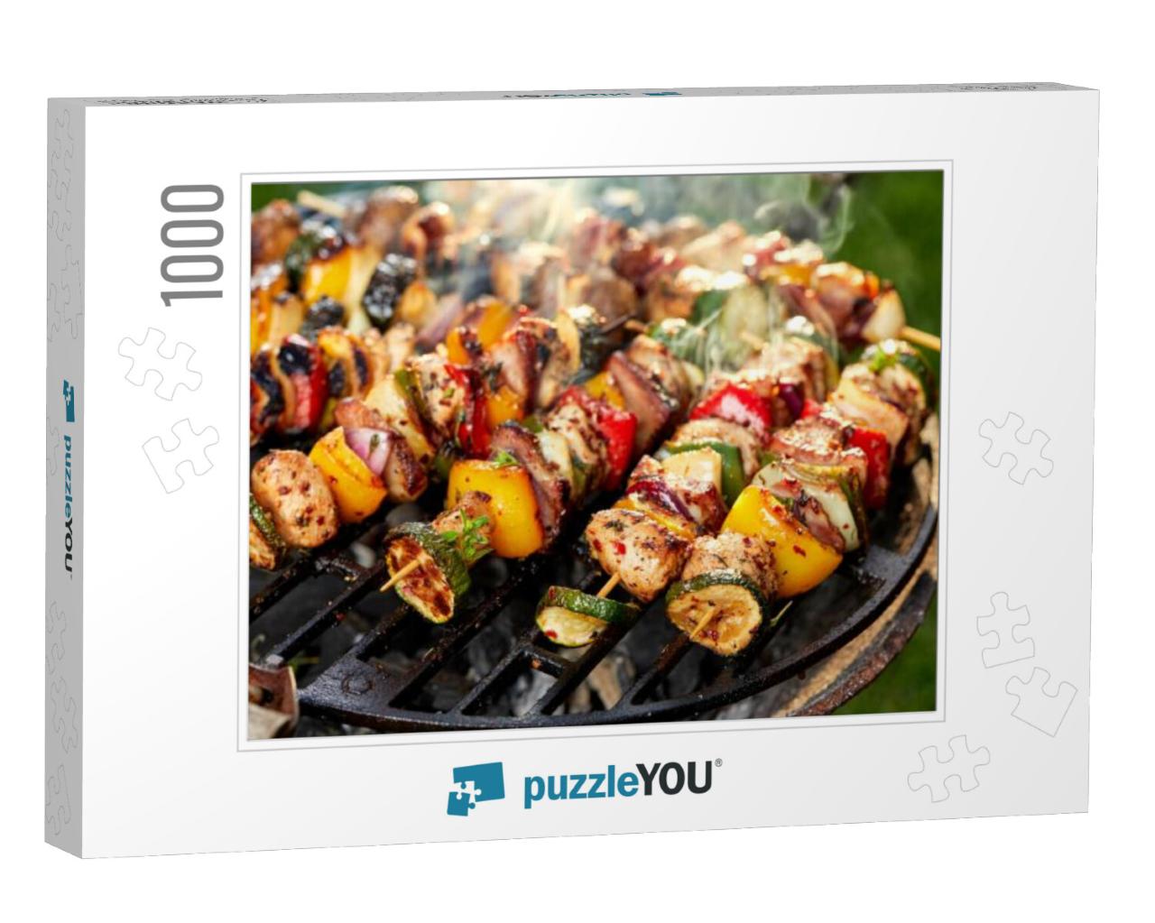 Grilled skewers of vegetables and meat on the gril Jigsaw Puzzle with 1000 pieces