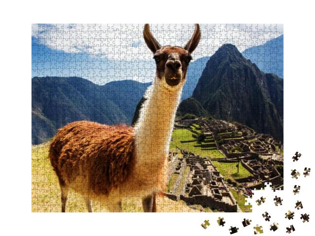 Lama At Machu Picchu, Incas Ruins in the Peruvian Andes A... Jigsaw Puzzle with 1000 pieces