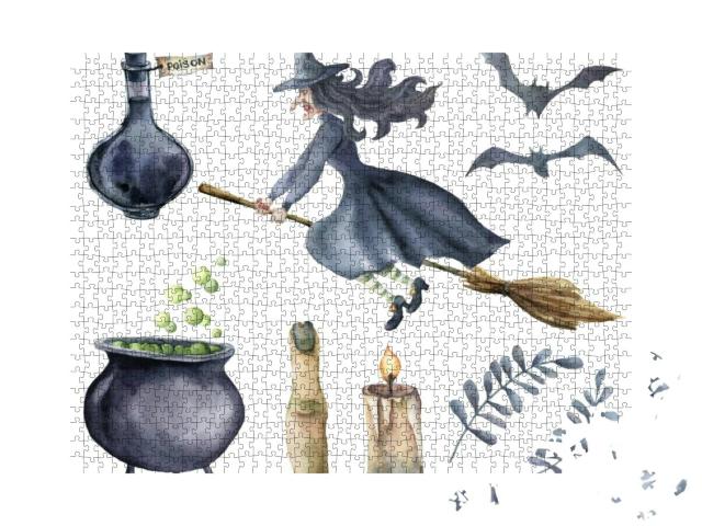 Watercolor Magic Set. Hand Painted Witch on Brooms... Jigsaw Puzzle with 1000 pieces