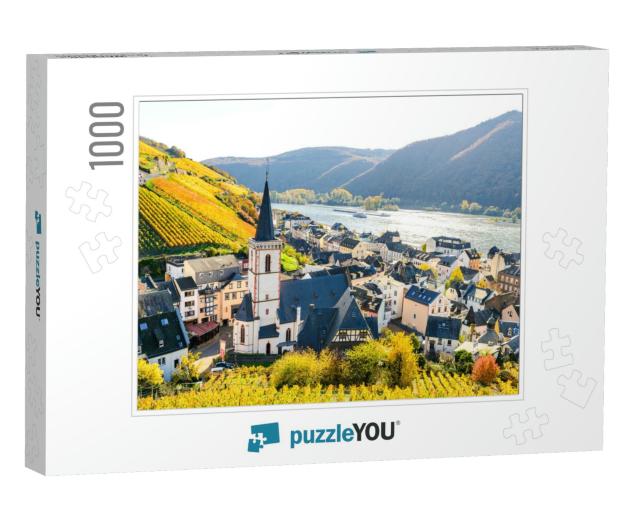 Church, Houses & Vineyards in Assmanshausen in Colorful Y... Jigsaw Puzzle with 1000 pieces