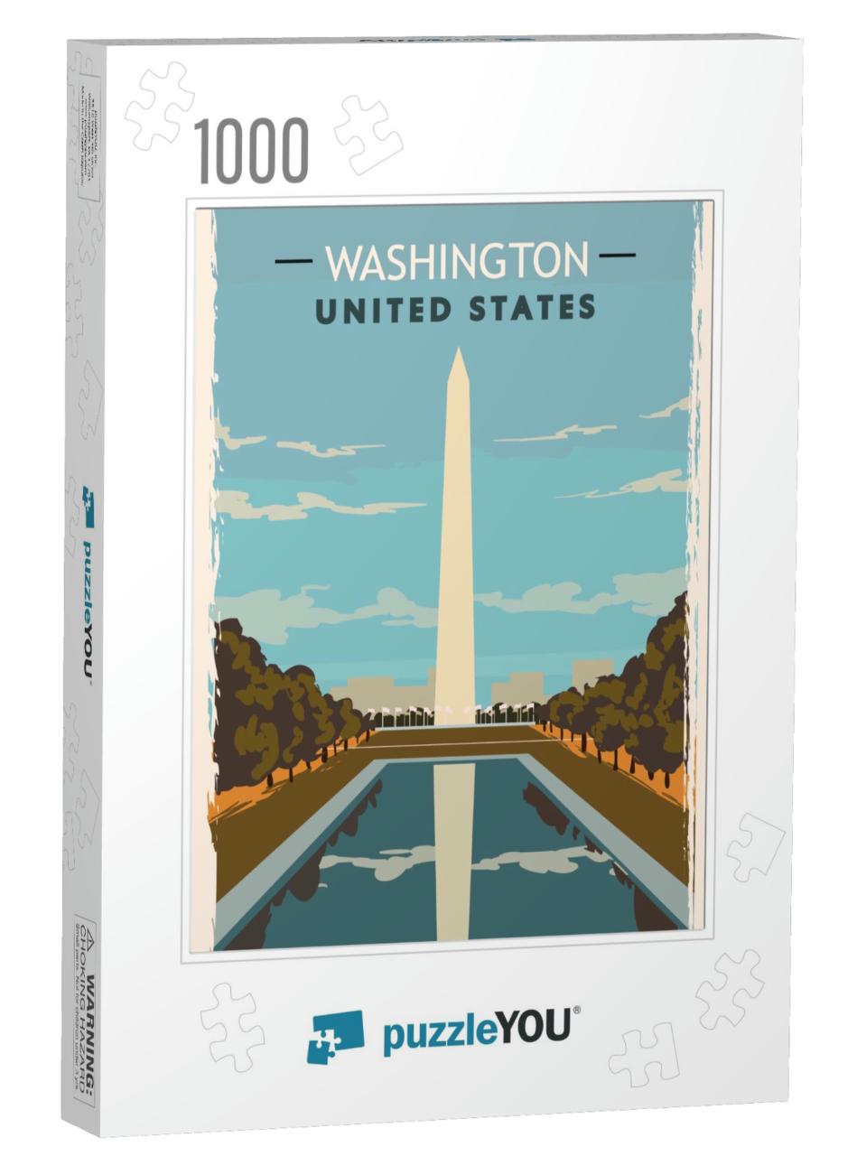 Washington Monument Retro Poster. USA Washington Travel Il... Jigsaw Puzzle with 1000 pieces
