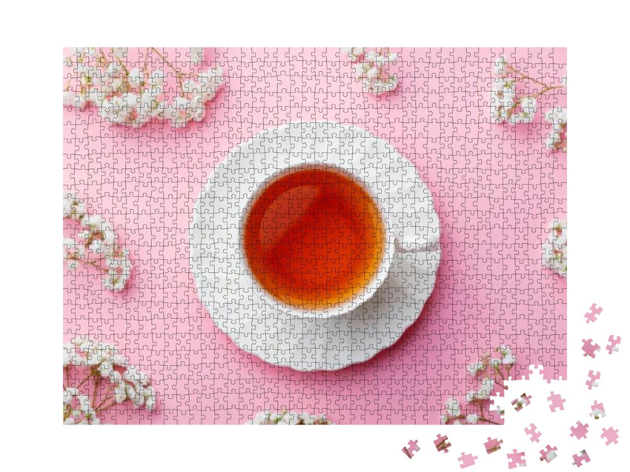 Cup of Tea with Fresh Flowers on Pink Background. Top Vie... Jigsaw Puzzle with 1000 pieces