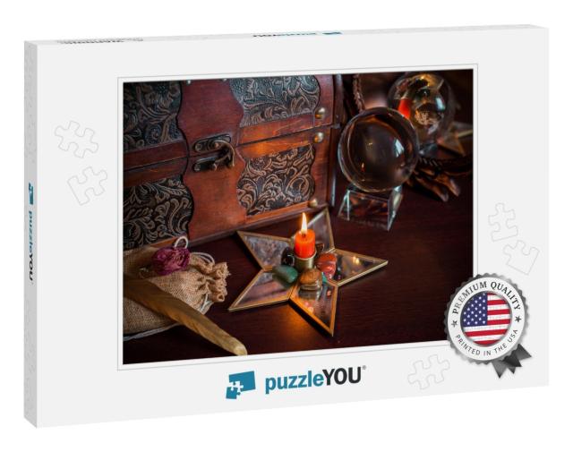 A Fortune Teller, Witch Stuff on a Table, Candles & Fortu... Jigsaw Puzzle