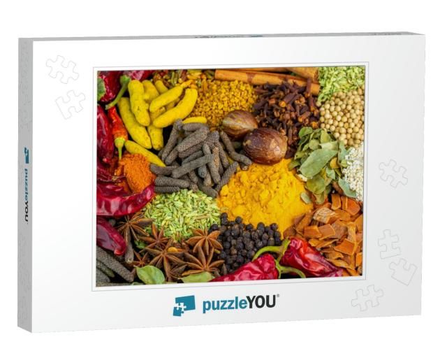 Various Spices, Peppers & Herbs Close-Up Top View. Easter... Jigsaw Puzzle