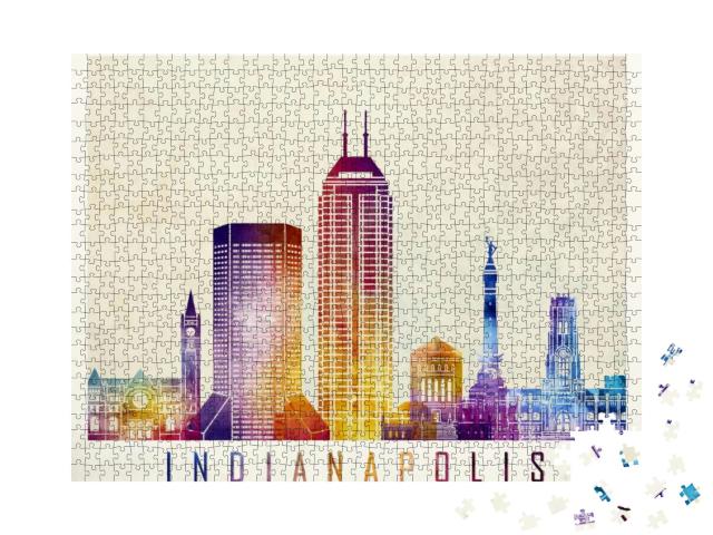 Indianapolis Landmarks Watercolor Poster... Jigsaw Puzzle with 1000 pieces