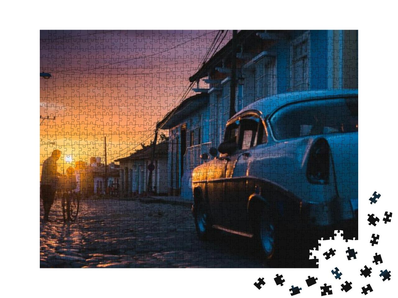 Cuban Street Sunset with Old-Timer in Trinidad, Cuba... Jigsaw Puzzle with 1000 pieces