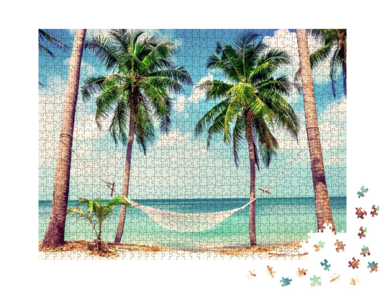 Beautiful Beach. Hammock Between Two Palm Trees on the Be... Jigsaw Puzzle with 1000 pieces