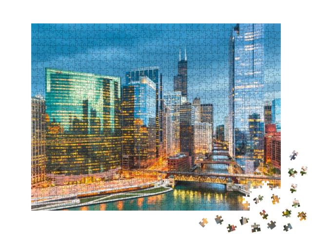 Chicago, Illinois USA Skyline Over the River At Twilight... Jigsaw Puzzle with 1000 pieces