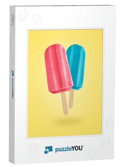 Red & Blue Ice Creams Flying on Yellow Background with Co... Jigsaw Puzzle