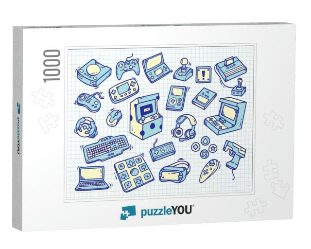 Set of Vintage Video Game Doodle on Paper Background... Jigsaw Puzzle with 1000 pieces