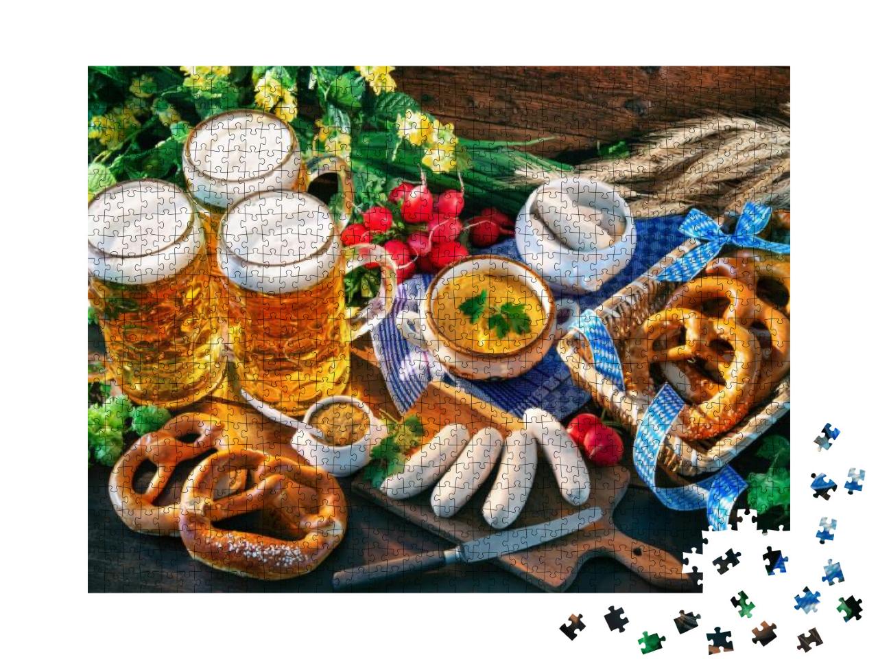 Bavarian Sausages with Pretzels, Sweet Mustard & Beer Mug... Jigsaw Puzzle with 1000 pieces