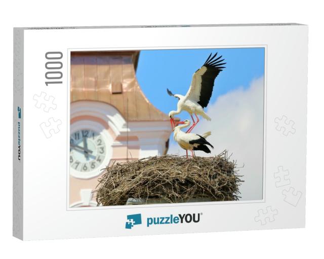 Mating of White Storks on the Nest... Jigsaw Puzzle with 1000 pieces