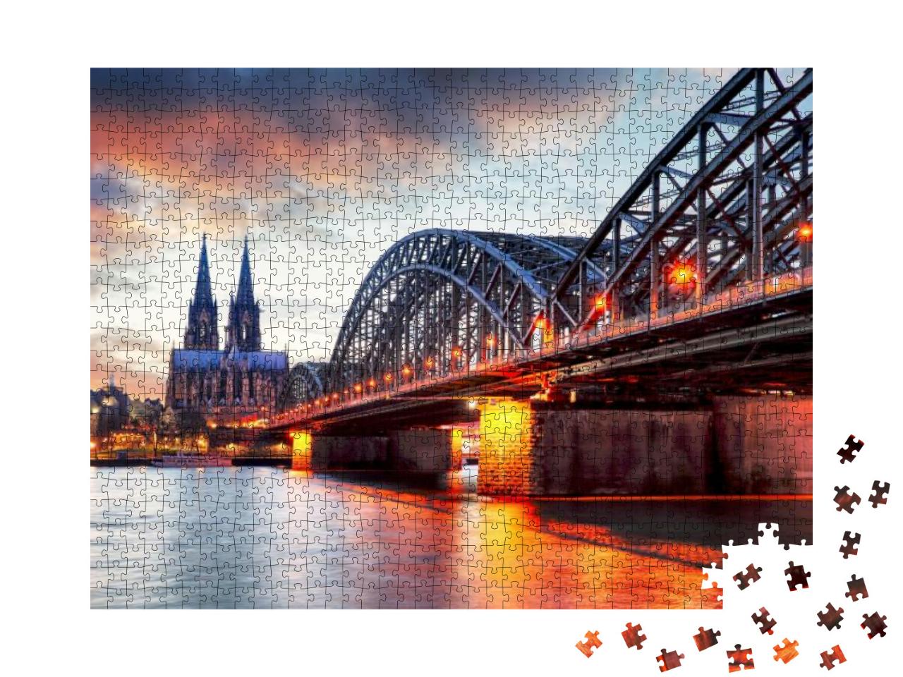 Cologne Cathedral & Hohenzollern Bridge At Sunset - Night... Jigsaw Puzzle with 1000 pieces