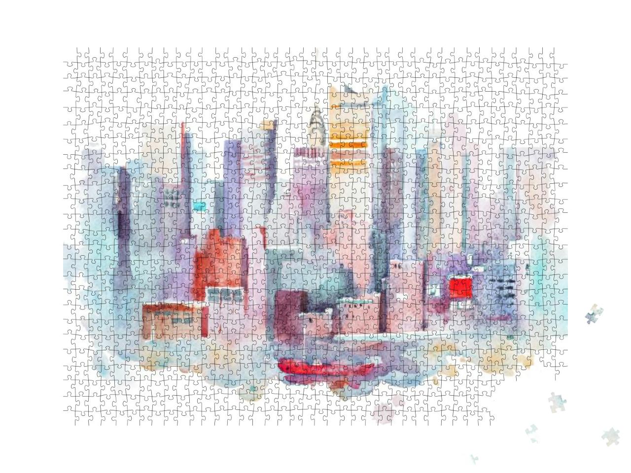 Watercolor Drawing of New York Cityscape, Usa. Manhattan... Jigsaw Puzzle with 1000 pieces