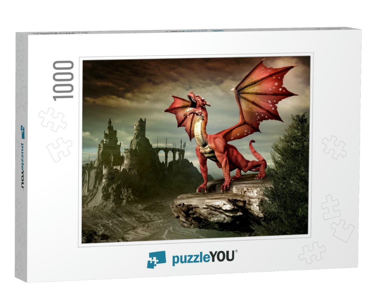 Fantasy Scenery with Red Dragon & Castle Ruins... Jigsaw Puzzle with 1000 pieces