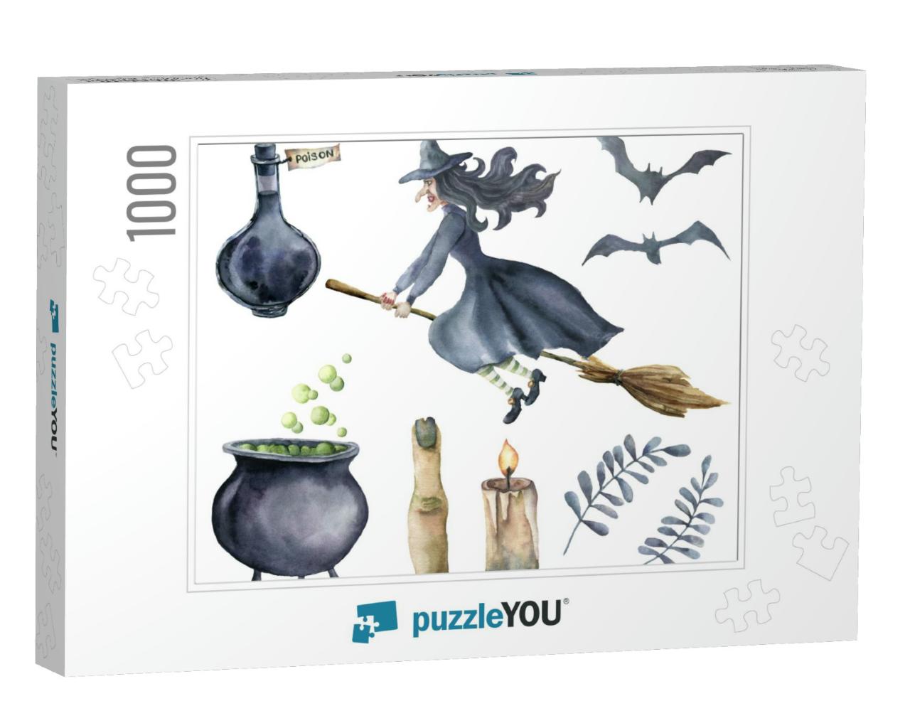 Watercolor Magic Set. Hand Painted Witch on Brooms... Jigsaw Puzzle with 1000 pieces
