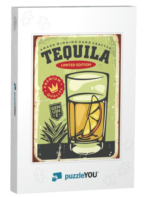 Glass of Tequila with Lemon Slice Vintage Bar Sign. Retro... Jigsaw Puzzle