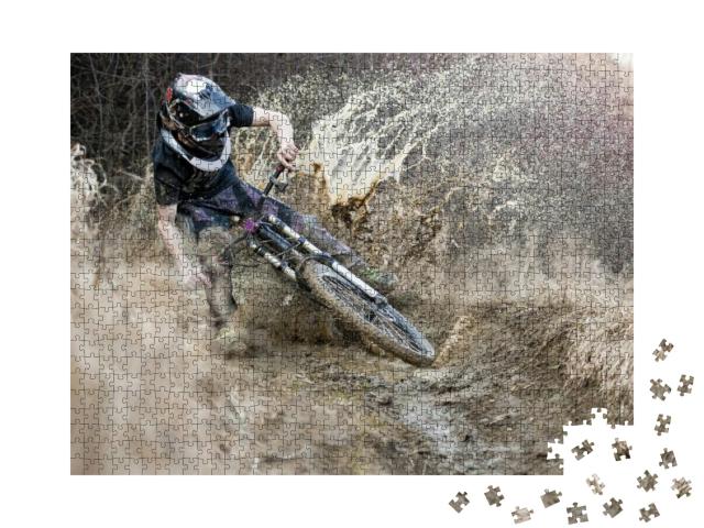 Mountain Biker Rides on Path in Mud... Jigsaw Puzzle with 1000 pieces