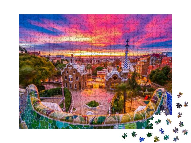 Beautiful Sunrise in Barcelona Seen from Park Guell. Park... Jigsaw Puzzle with 1000 pieces