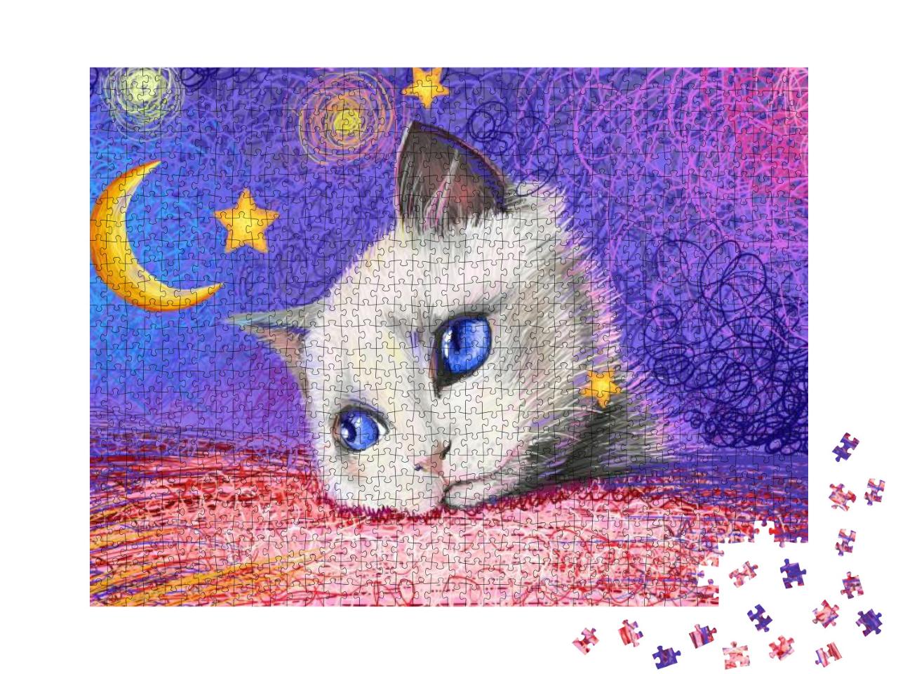 Drawn Illustration of a White Cat Head on a Bright Backgr... Jigsaw Puzzle with 1000 pieces