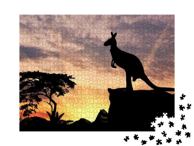 Silhouette of a Kangaroo on a Hill At Sunset... Jigsaw Puzzle with 1000 pieces