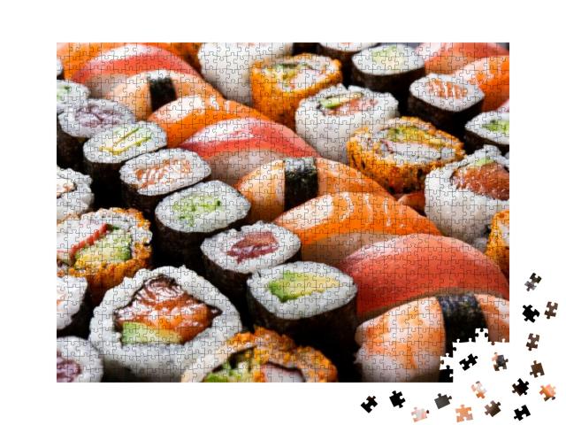 Overhead Japanese Sushi Food. Maki Ands Rolls with Tuna... Jigsaw Puzzle with 1000 pieces