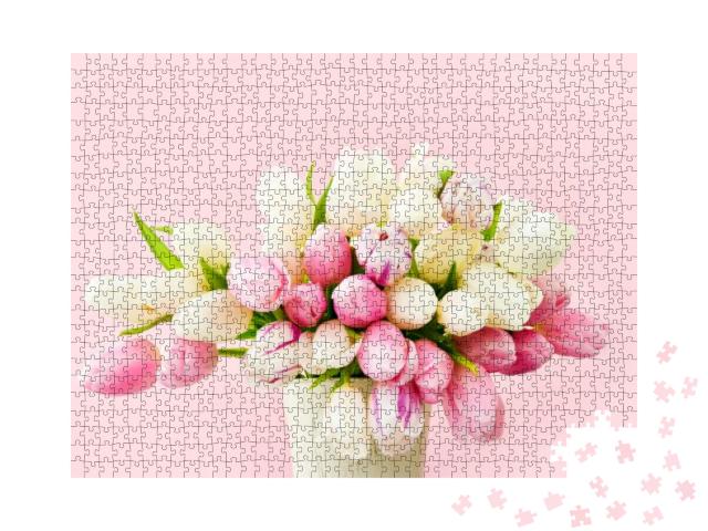 Pink & White Tulips Bouquet in Vase on a Pink Background... Jigsaw Puzzle with 1000 pieces