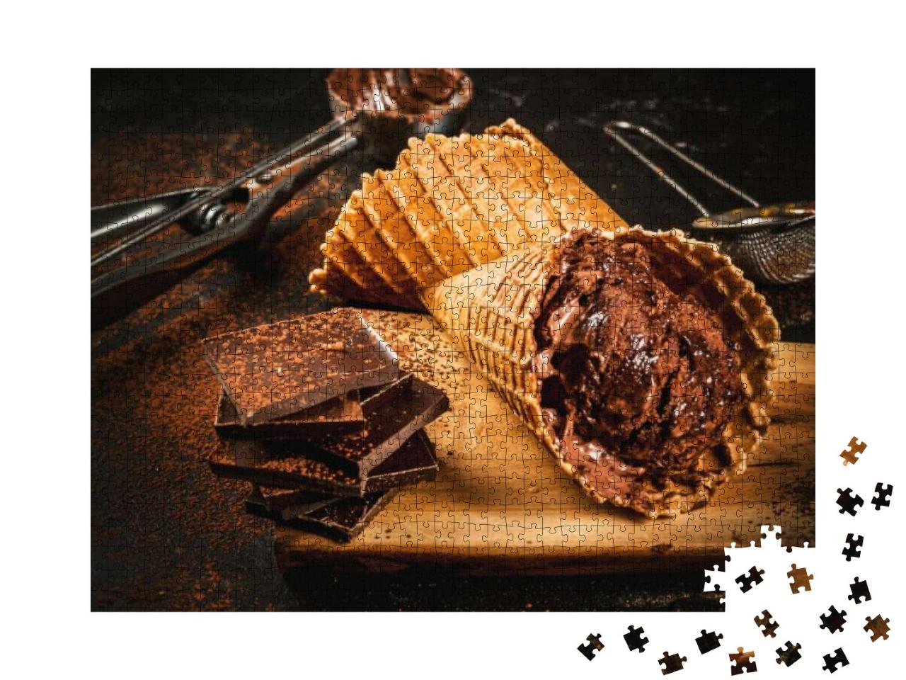 Homemade Chocolate Ice Cream in Waffle Cones, with a Spoo... Jigsaw Puzzle with 1000 pieces