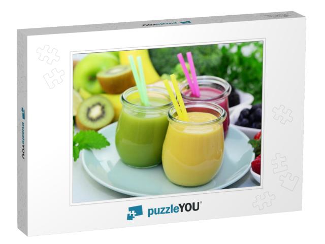 Different types of fruit smoothie with fresh fruit Jigsaw Puzzle